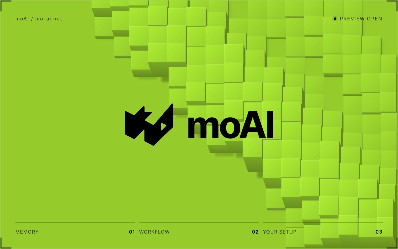 Website preview graphic with the moAI logo on a lime voxel background